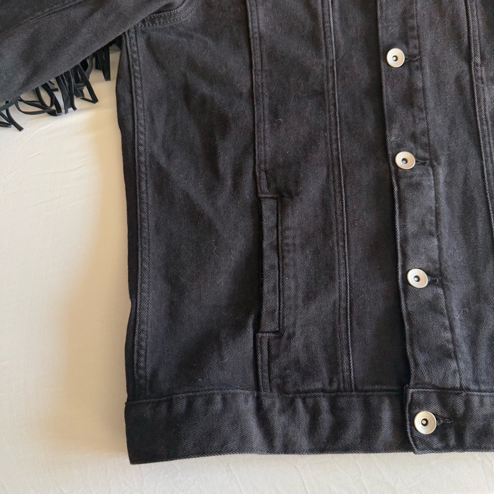 Zara Man Faux Suede Fringe Studded Black Denim Jacket Pockets Button Up Size L - Picture 6 of 16